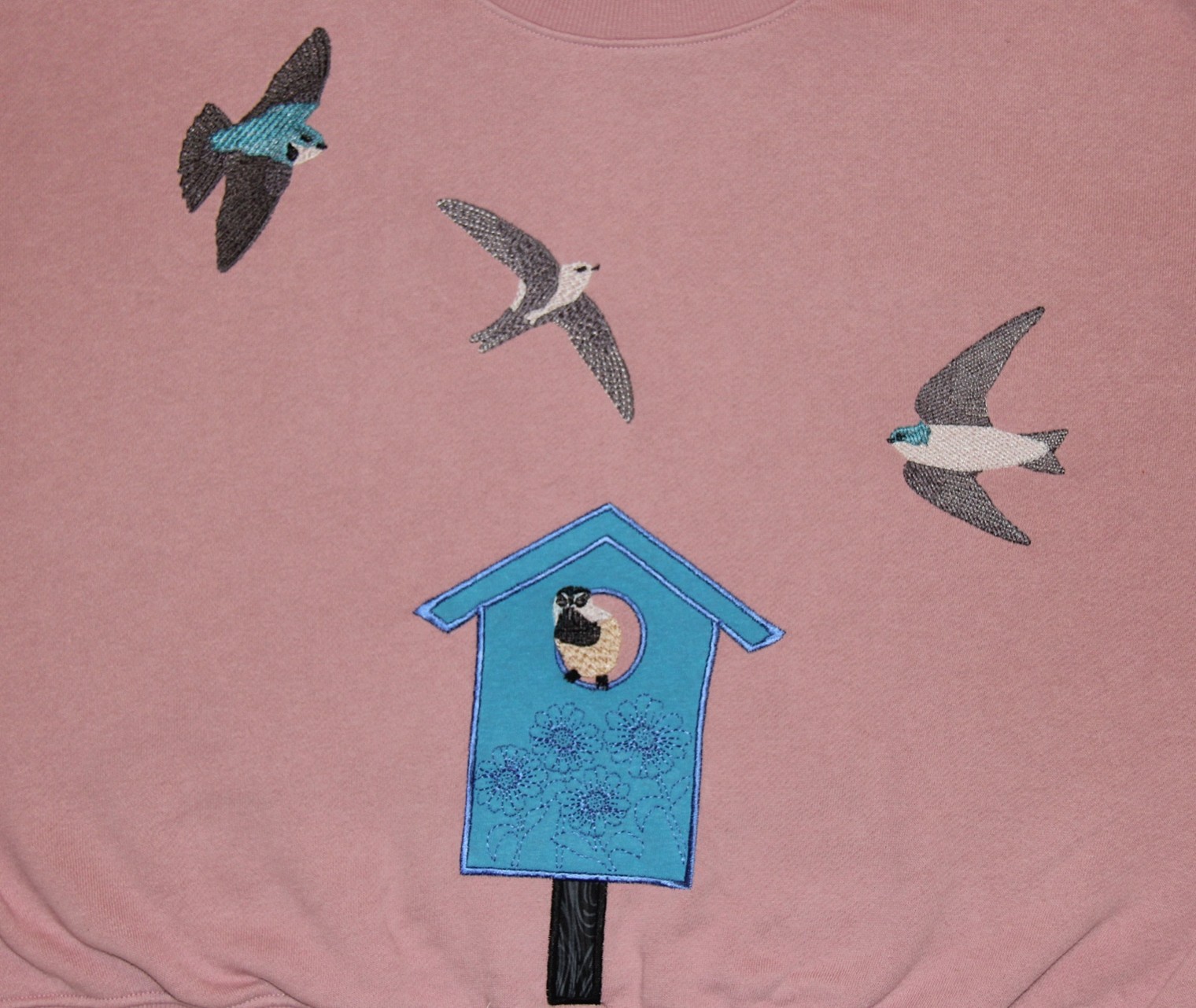 This sweatshirt features Tree Swallows and a White-throated swift hunting for insects and a Mountain Chickadee making it's home in a bird house.